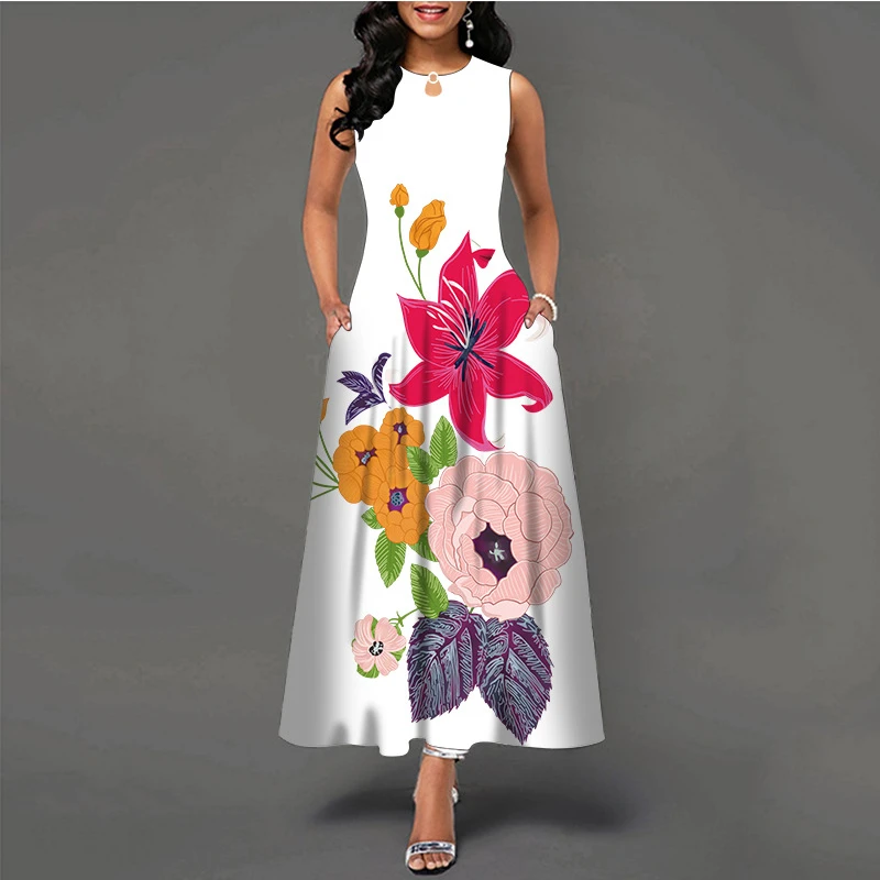 

Ladies floral print Sleeveless Long Dress Women's V-Neck Printed Dresses Swing Bohemian Retro A-LINE Dresses