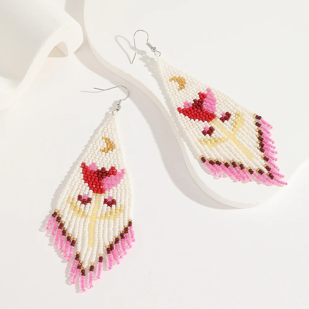 Beaded earrings Tassel Flowers Design Moon Hand knitting Originality Bohemia Alloy Tide Simple Rice bead earrings