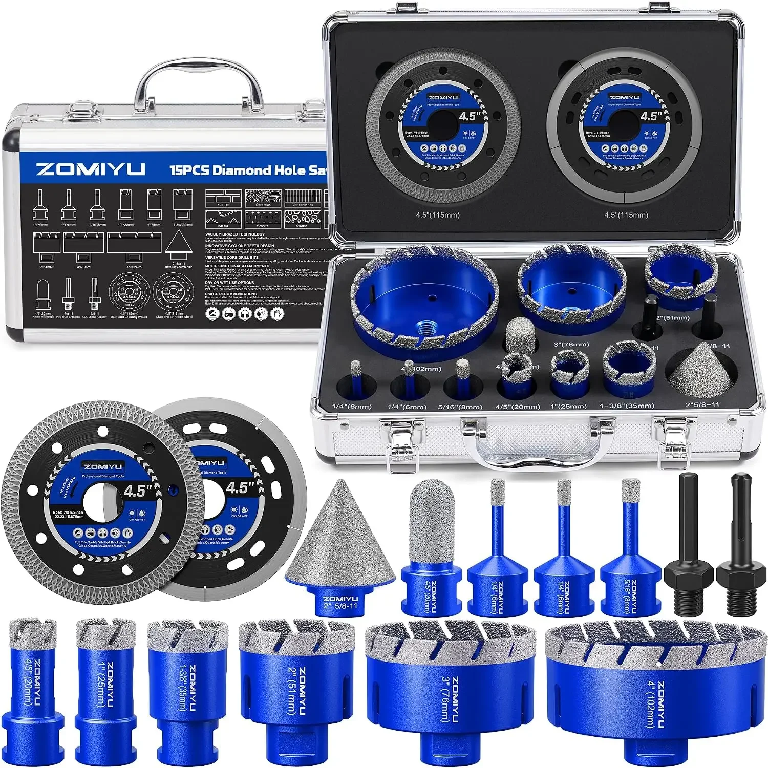 15Pcs Diamond Hole Saw Kit, Tile Hole Saw Kit for Quartz & Granite | 9 hole saws (1/4