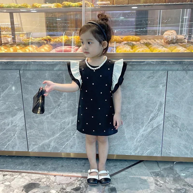 Girls Temperament Princess Dress 2024 Summer New Small Fragrant Style Dress Flying Sleeve Nail Diamond Small Black Dress