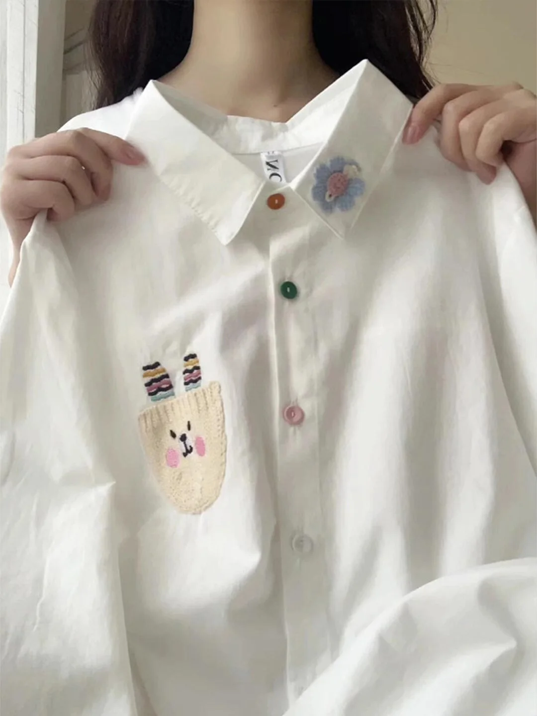 

Korean Style Rabbit Embroidery Pocket White Shirt Women's Spring Summer Loose Casual Long Sleeve Blouse Fashionable Commute P...