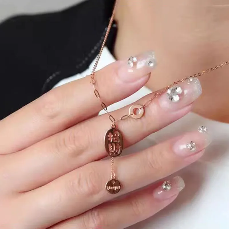 

585 Purple Gold Chinese Style [Zhaocai] Necklace for Women Plated 14K Rose Gold Tassel Brand Clavicle Chain Pendant Jewelry