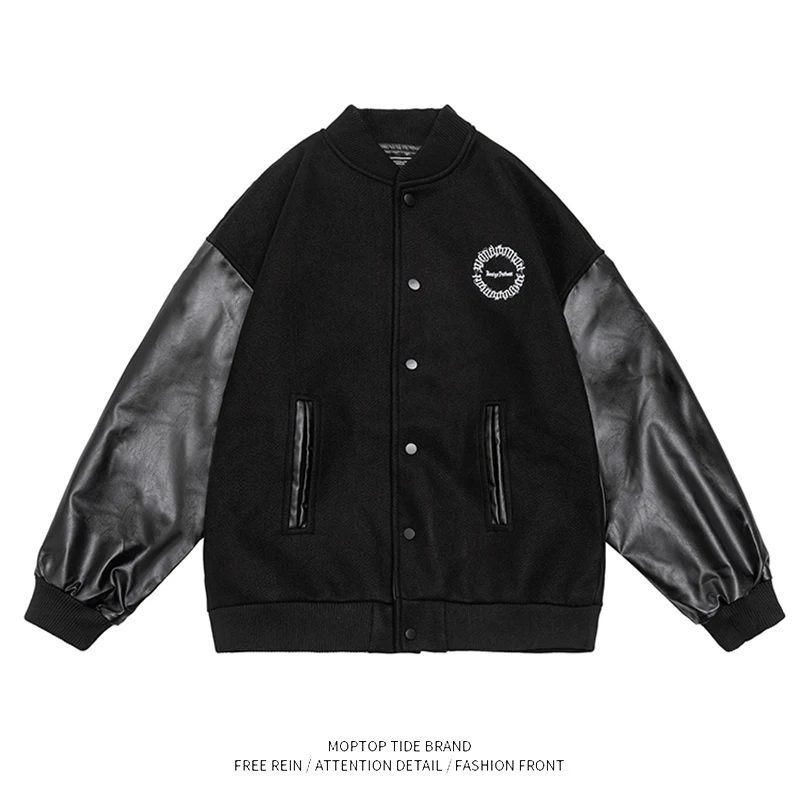 

Mr. WH American Retro PU Leather Patchwork Baseball Jaet Men's Trendy Loose Autumn Motorcycle Versatile Outerwear