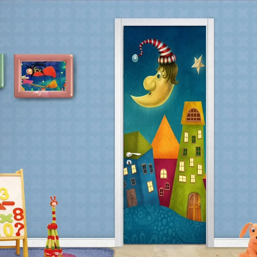 Cartoon Night Door Sticker Lovely Moon Wallpaper Decal Removable Self-adhesive Mural Poster Children Bedroom Living Room Decor