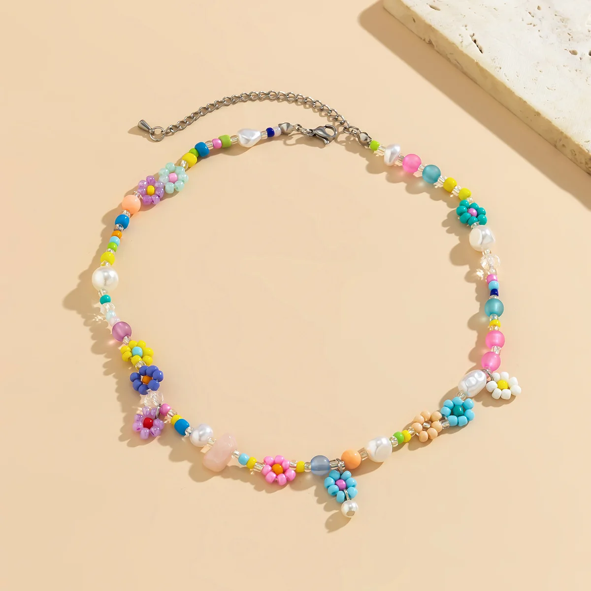 

Beaded Choker Necklace for Women with Floral Accents Rice Pearl Turquoise Crystal White K Jewelry Sweet Style 5814