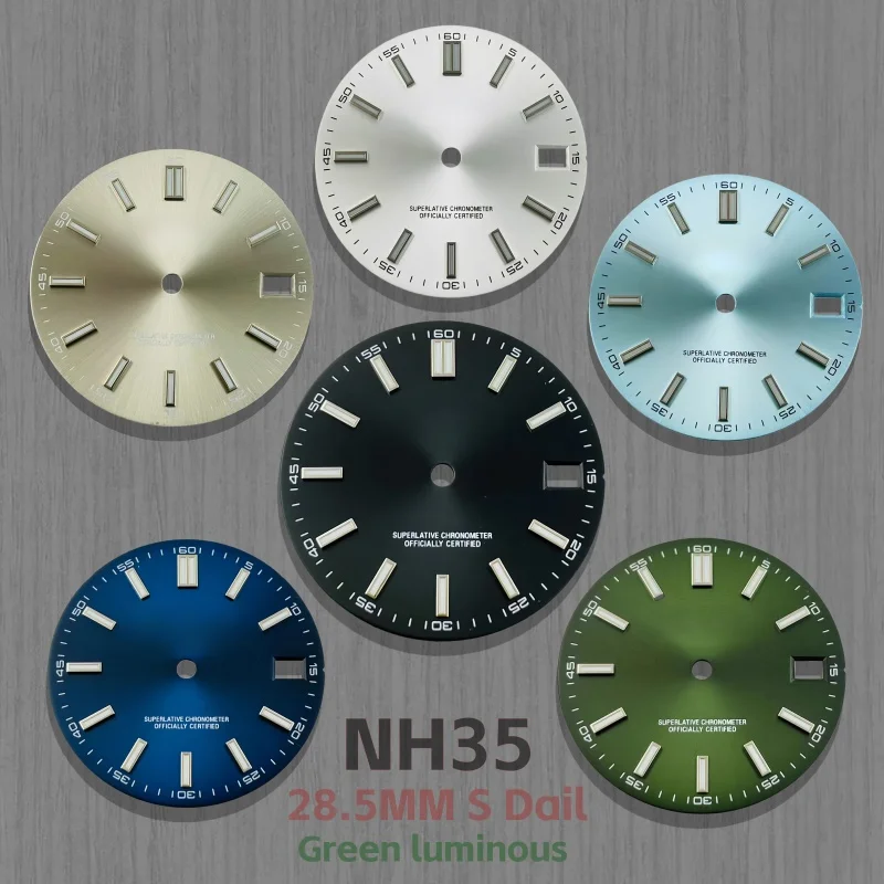 

28.5mm NH35 dial, S logo, blue-green luminous dial, suitable for NH35/NH36 movement watch modification parts.