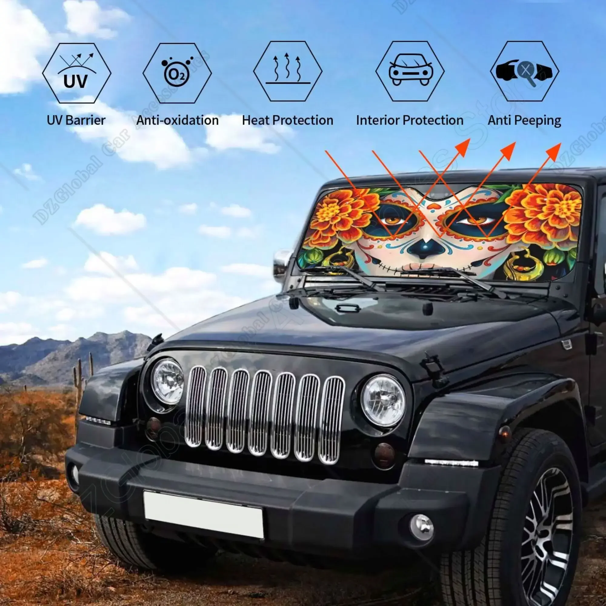 Gregtins Sugar Skulls and Roses Day of Dead Car Windshield Sun Shade Blocks Uv Rays Visor Protector Sunshade for Front 27.5x51.2
