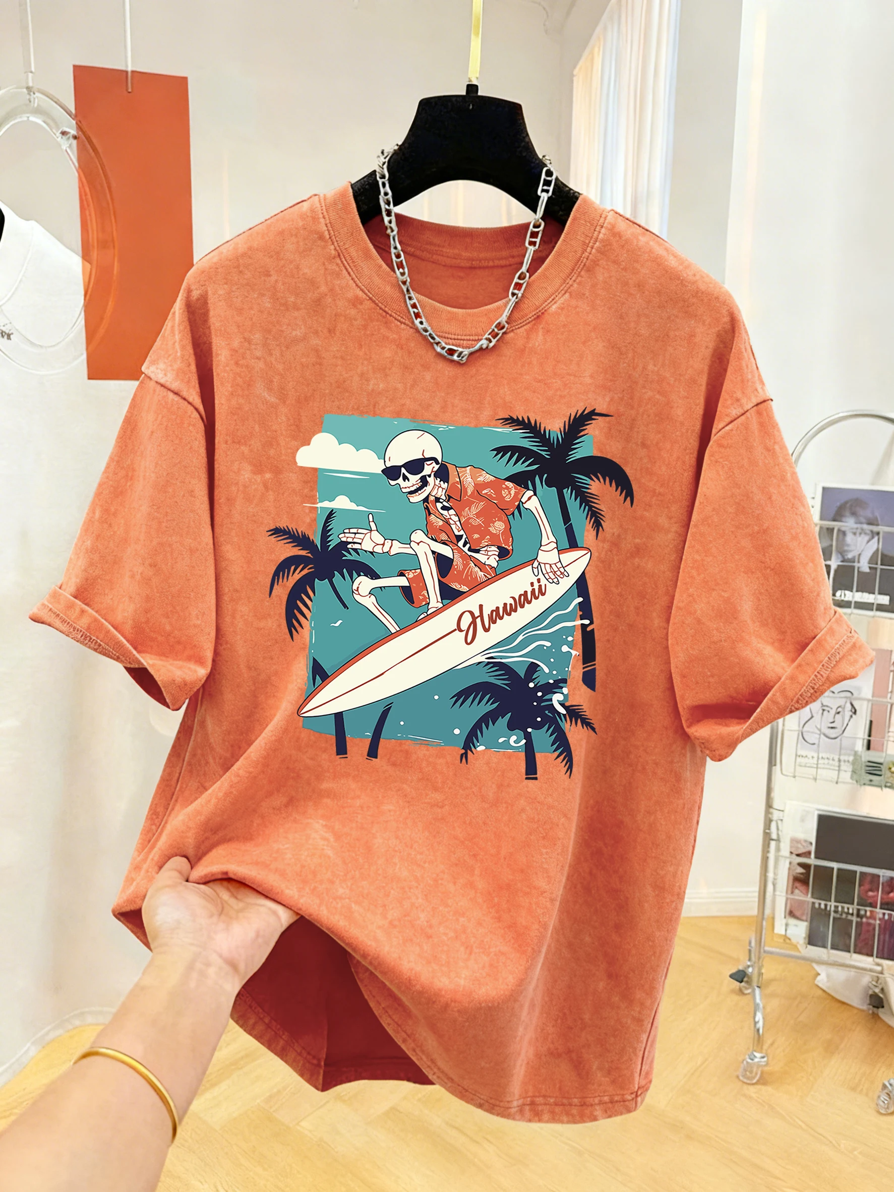 

Hawaiian Skateboarding Skeleton Print Men Basic Washed T-Shirt Cotton Summer Short Sleeve Retro Loose Streetwear Soft Casual Top