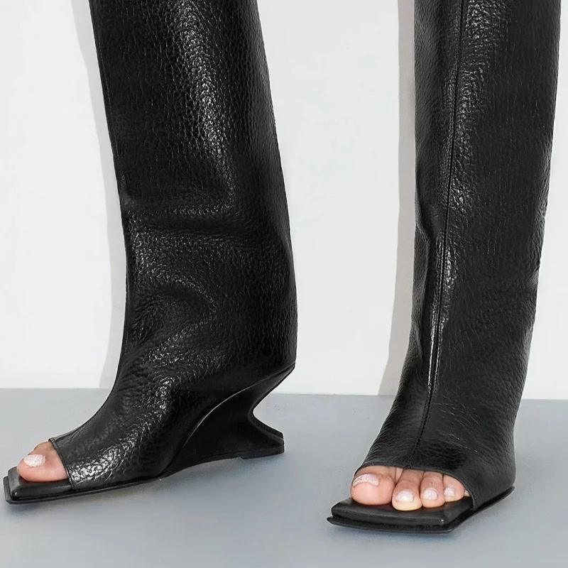 Solid Color Women Pebbled Textured Leather Knee High Cool Boots Square Open Toe Wedges Femme Boots New Design Luxury Lady Shoes