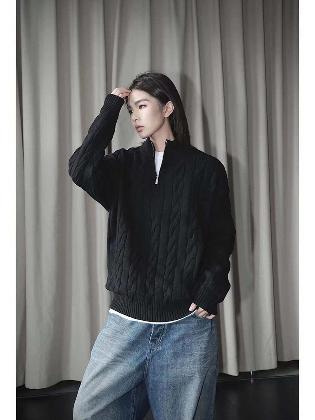 

Мужской вязаный свитер свободного кроя на молнии в винтажном американском стиле с узором «косы» и цветочным дизайном для осени