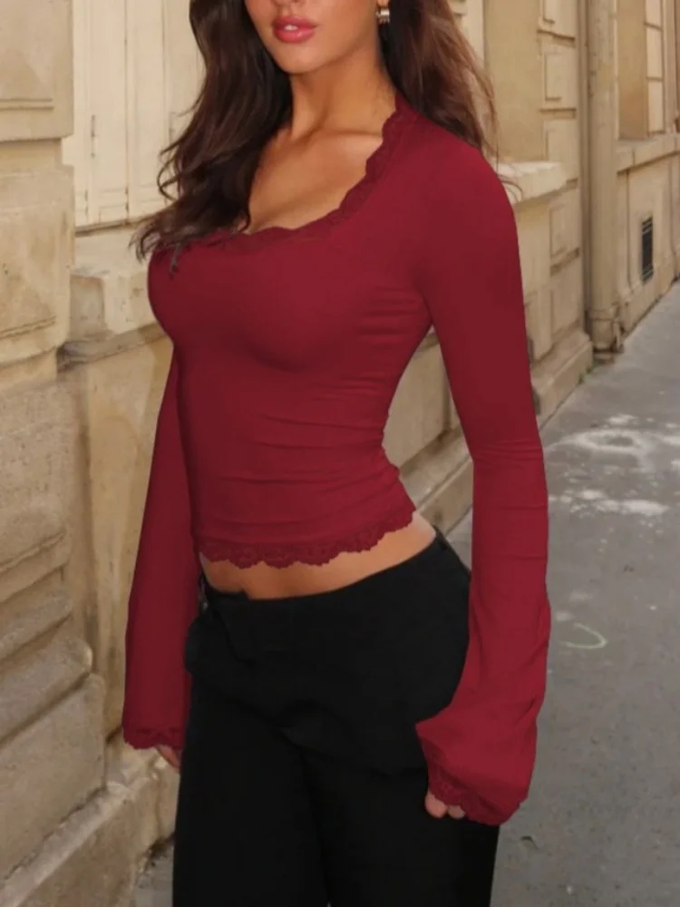 

Summer Streetwear Clothing Crop Top Girls Y2K Edgy Fashion Bell Sleeve Lace Trim Tees Trendy Clothes Woman