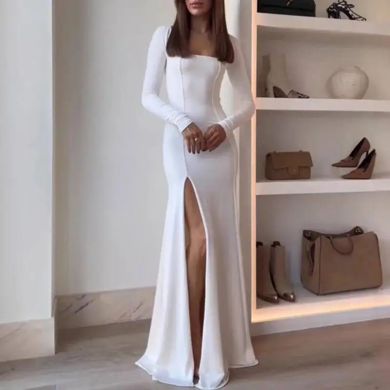 

Женское модное платье S с грудью для вечеринок, повседневное однотонное платье с рукавами и разрезом, элегантное длинное платье с квадратным вырезом и открытой спиной
