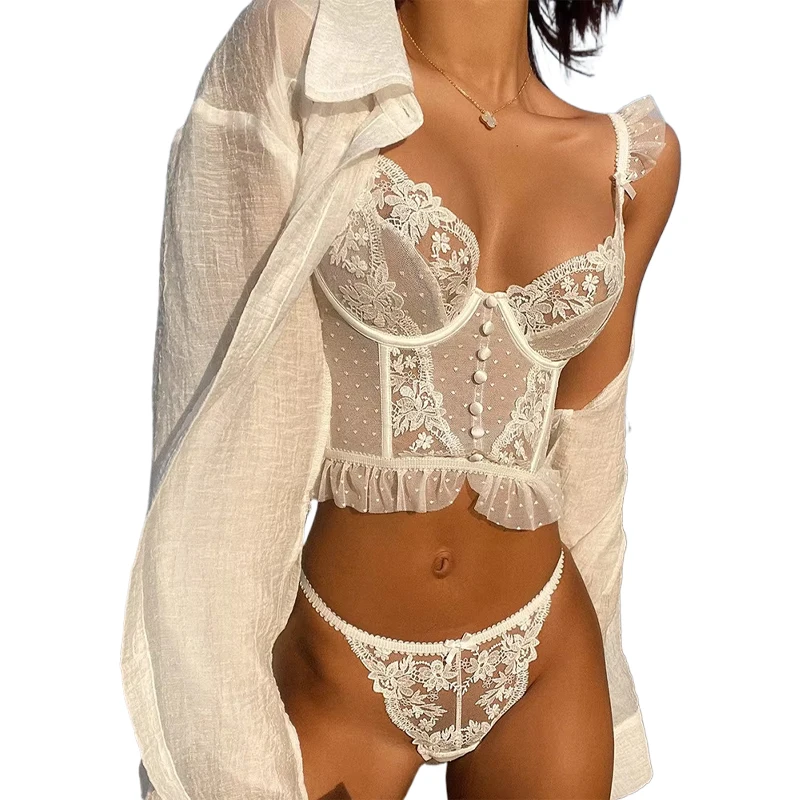

CINOON French Lingerie Sexy Women's Underwear Set Push Up Brassiere Lace Transparent Bra Panty Sets Wedding White Thin Underwear