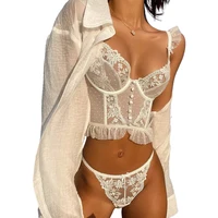 CINOON-Conjunto de ropa interior francesa para mujer, lencería Sexy, sostén push-up, sujetador transparente de encaje, conjuntos de bragas, ropa interior fina blanca para boda