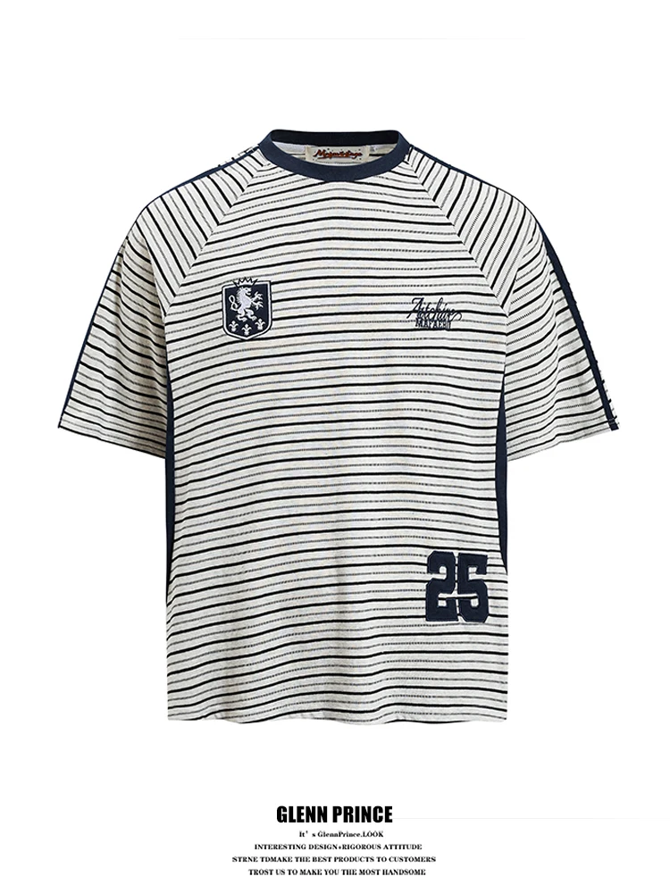 

GPstudio American High Street Color Block Stripe Short Sleeve Men's T-shirt Summer New Fashion Brand Half Sleeve round Neck Tee