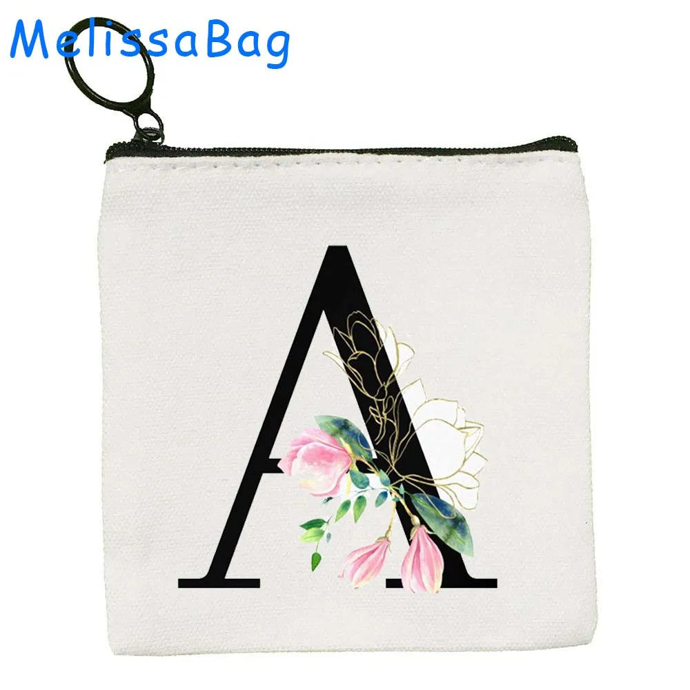 Cute Floral Pretty Flower Initial Letter A to Z Floral Monogram Alphabet Gift Canvas Coin Purse Key Case Bag Wallet Zipper Pouch