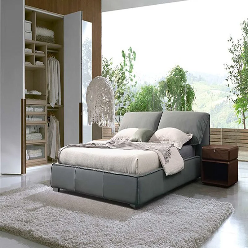 

Furniture Set Luxury Elephant Ear Waterproof Wooden King Size Bed Frame Modern Black Leather Double Upholstered Bed Home Bedroom