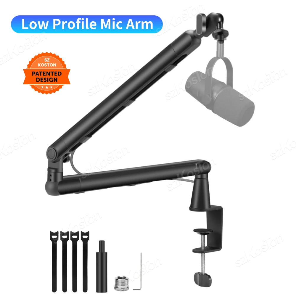 حامل ميكروفون منخفض المستوى مكتب قابل للتعديل بذراع ميكروفون الاستوديو مع عمود رفع قابل للفصل للتسجيل، Tiktok، البث المباشر