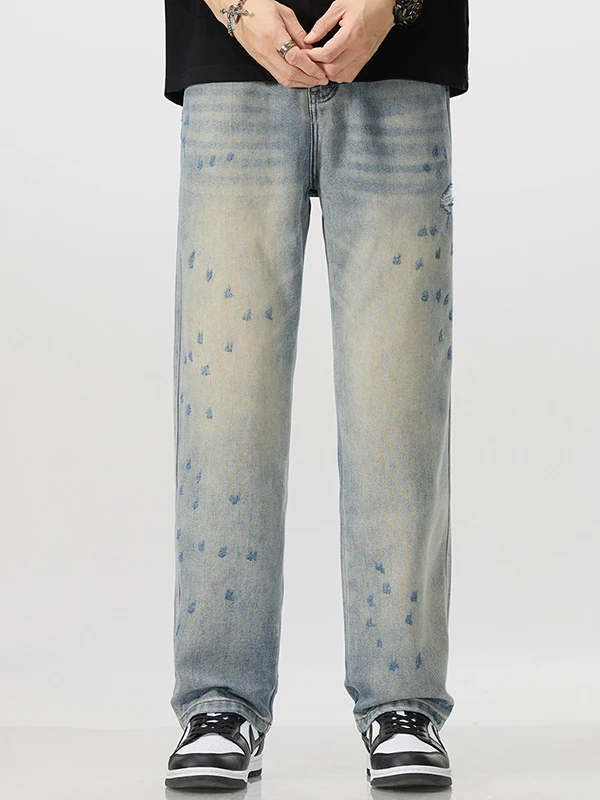 

High-End Retro American Embroidered Print Men's Jeans Loose Straight Casual Long Trousers Autumn Spring Wear Comfortable Fit