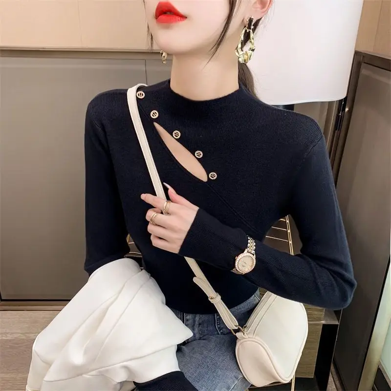 Korean Fashion Autumn Sweaters Pullovers Women Mock Neck Solid Button Office Lady Bottoming Female Slim Long Sleeve Knitted Tops