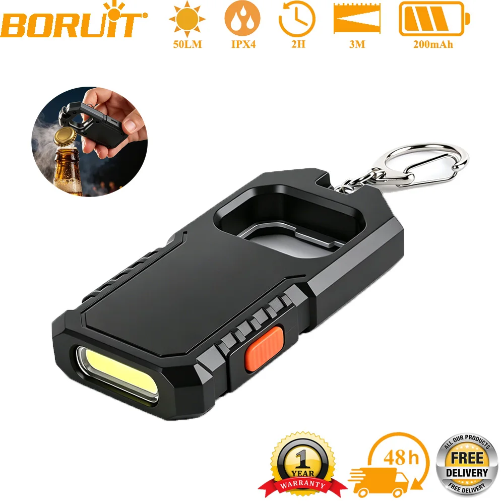 BORUiT 2IN1 Portable Keychain Mini Flashlight Multifunctional USB Rechargeable Flashlight Camping Pocket Lamp Bottle Opener