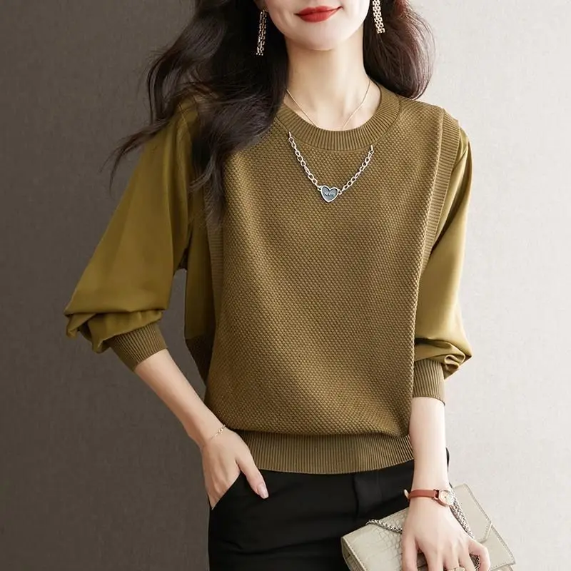 Women's Clothing Fake Two Pieces Blouse Spring Autumn New Screw Thread Casual Loose Stylish Chain O-Neck Patchwork Knitted Shirt