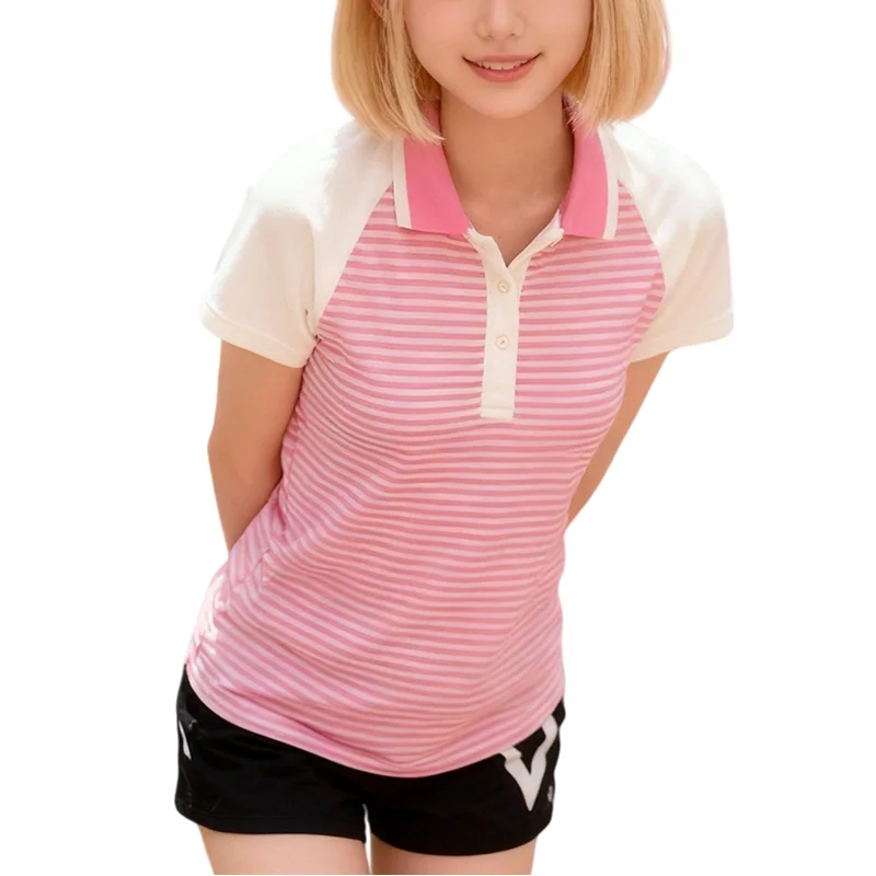 Spring Pink & White Striped Polo Shirt for Girls Shoulder Insertion Slim Fit Casual Short Sleeve Collar Sweet Style