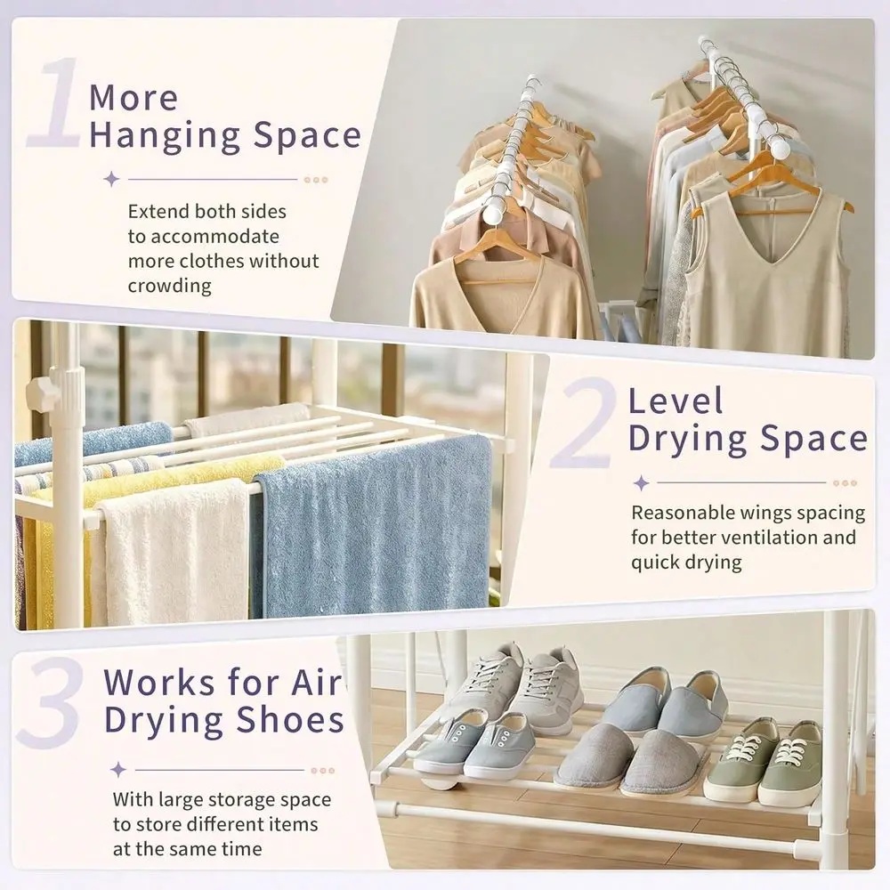 Drying Rack Foldable,Height Length Adjustable Drying Rack Large Drying Rack With 2Tier Long Pole,Bedding,Lothing,Space Saving D