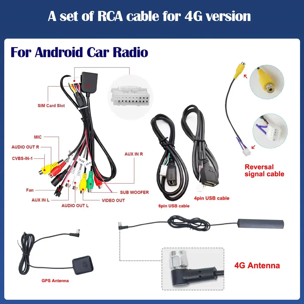 4G/WIFI Verstion RCA Cable Radio RCA Output Adapter Microphone AUX For Car Android Radio Microphone Fan USB GPS Antenna Audio