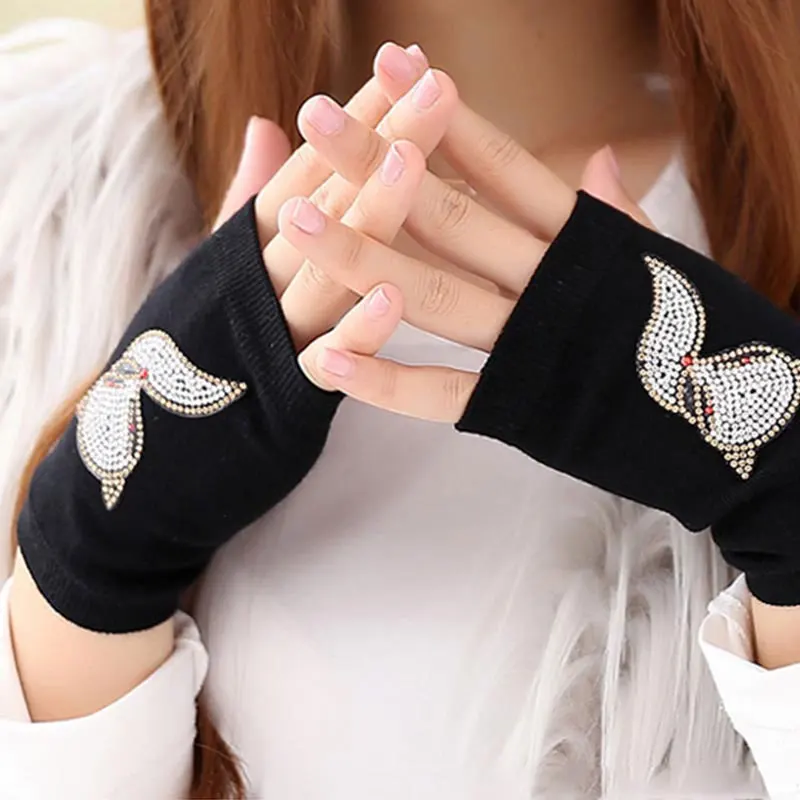 Fingerless Gloves For Women Black Colour Animals Pattern Rose Embroidery Half Finger Gloves Winter Warm Gloves