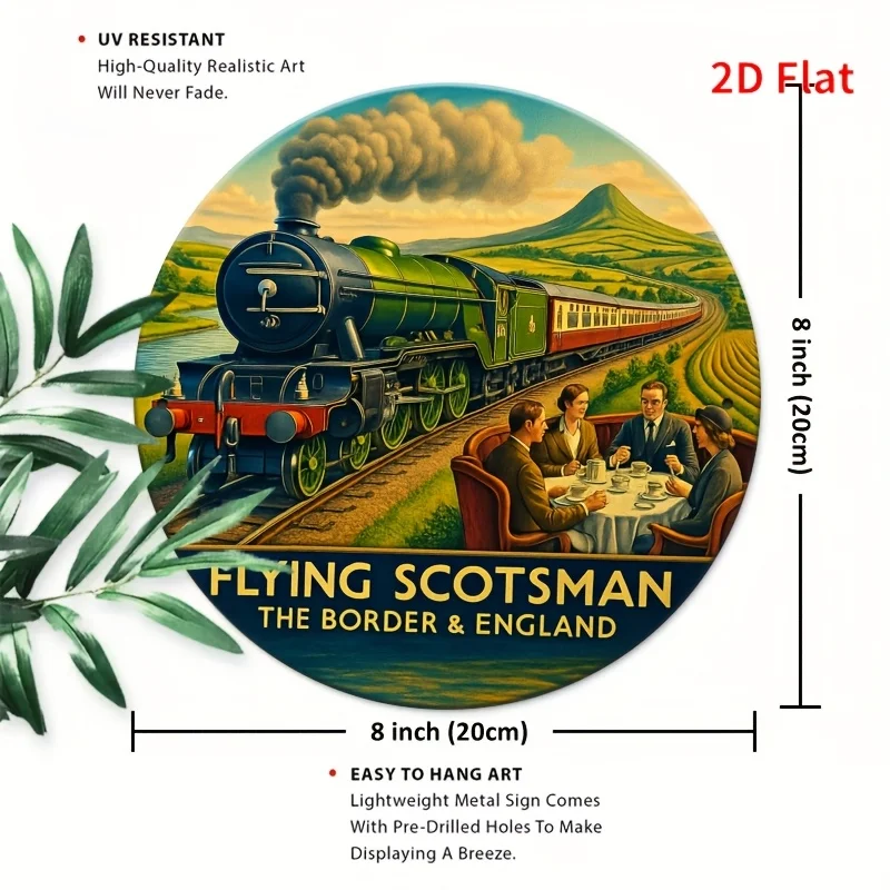 2D Flat, 1pc 8x8 Inch (20x20cm) Flying Scotsman Vintage Aluminum Wall Art - Round Retro Train Tin Sign with Scenic Landscape & D