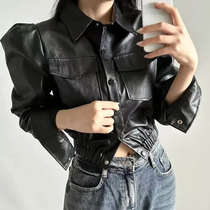 Chic Autumn Winter ort Pure Color Long Sve Retro Lapel Single Button Double ket Leather Jaet Casual Sle Youth Out...