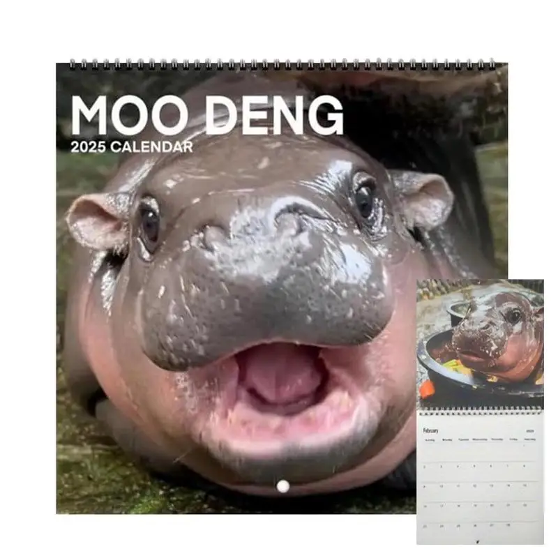 Moo-Deng Calendar 2025 Calendar Cute Multi-expression Pygmy Hippo Calendar 2025 Latest Happy Hippo Wall Calendar