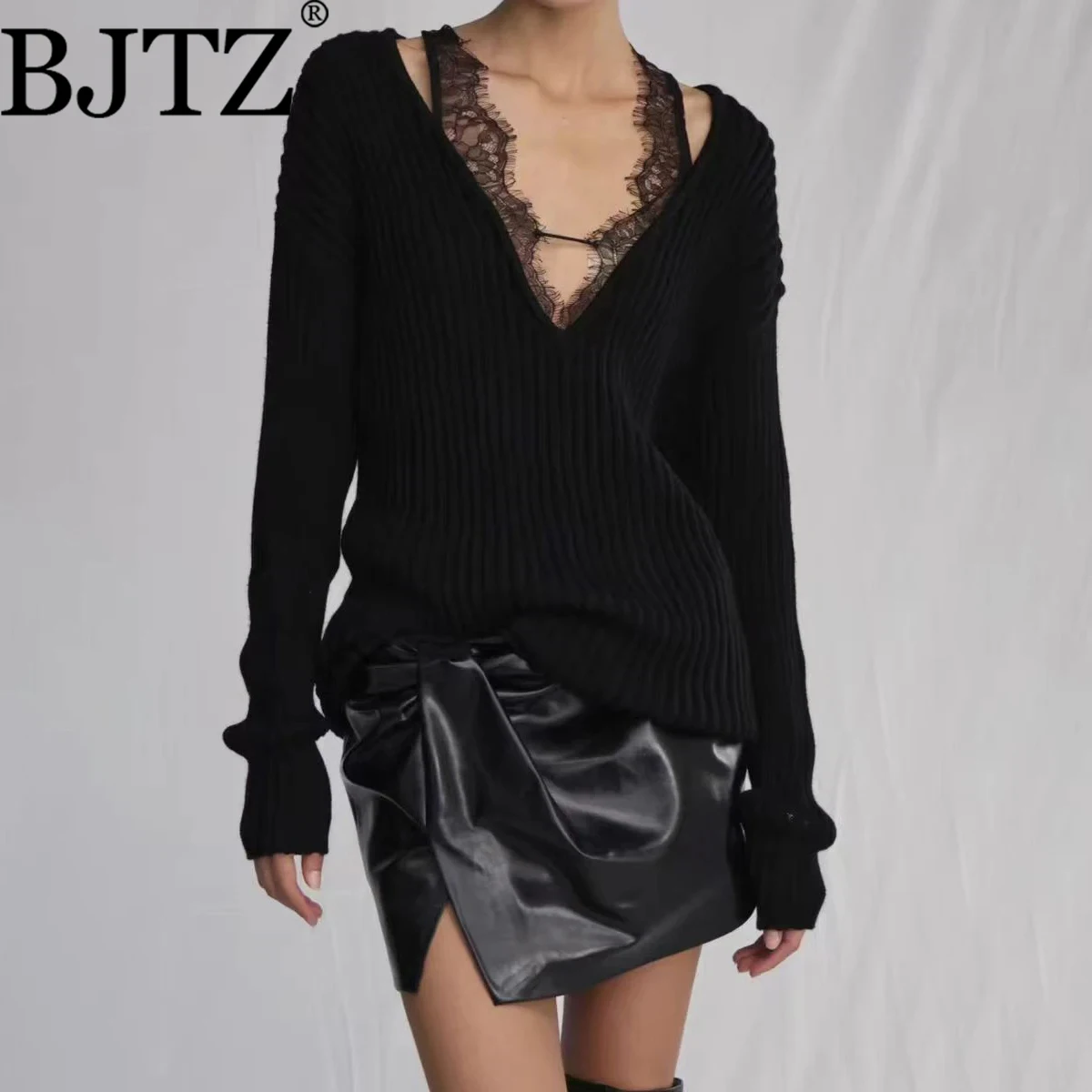 

BJTZ Women’s Long Sleeve Sweater Coquette Lace Paneled Pure Aesthetic Chic Knitwear Spring Autumn Winter Dating Tops