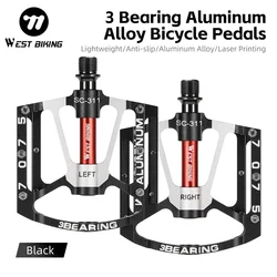 WEST BIKING 3 Bearings Bicycle Pedals CNC Aluminum Alloy MTB Road Bike Platform Pedals Anti-Slip Waterproof Cycling Flat Pedals