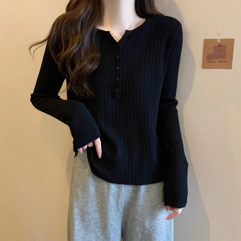 Spring Autumn New V-neck Long Sleeve Knit Pullovers Women Clothing Casual Fashion Solid Button Sweaters All-match Elegant Tops