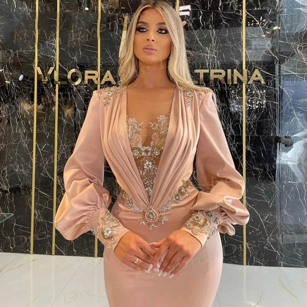 Fascinating Mermaid Long Sleeve Evening Dresses Appliques Modern V Neck Prom Gowns Custom Made Vestido Fiesta Mujer Customized