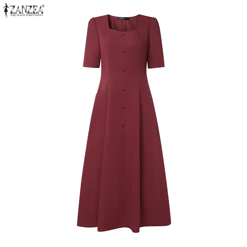 ZANZEA 2026 Sommerkleid für Damen mit Quadratischem Ausschnitt, Elegantes Büro- und Partykleid, Stilvolles Kurzarm A-Linien-Kleid mit Taillierung