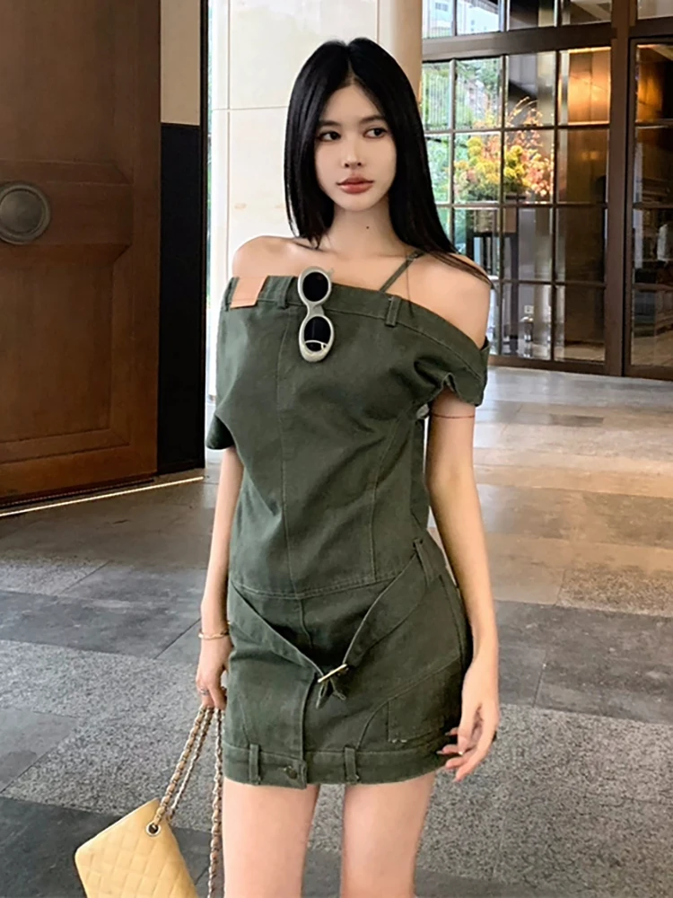 فستان قصير من RORORIRI Grayu مكشوف الأكتاف من قماش الدنيم للنساء بحزام عادي رأسًا على عقب فستان قصير ضيق ملابس خروج عتيقة #2