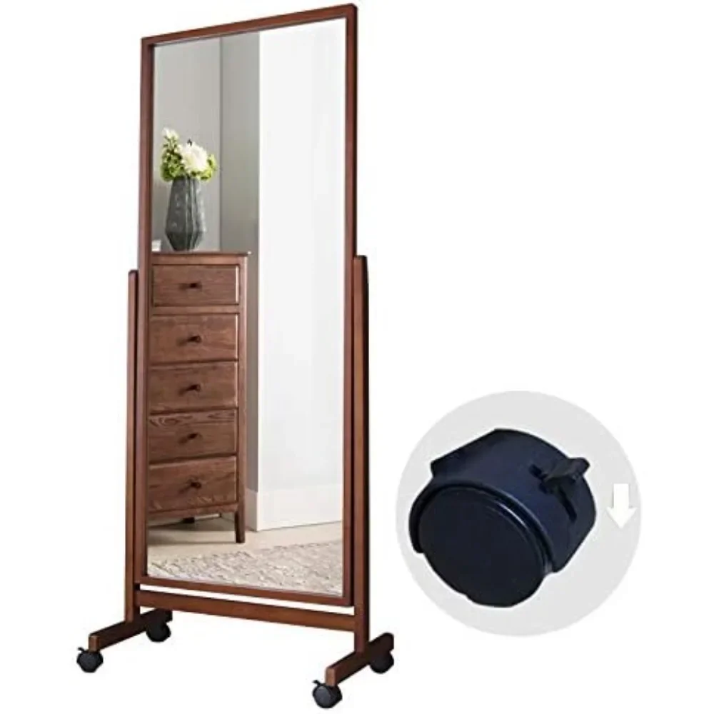 Swivel Adjustable Full Length Mirror on Wheels, Pine Wood Frame Cheval Bedroom Floor Dressing Mirror Body Mirror