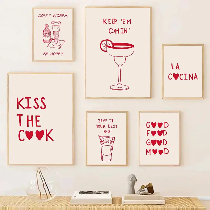 Retro Red Love Words Lettering Cocktail Wall Art Canvas Painting Nordic Kitchen Aesthetic Posters Print Pictures Room Home Decor