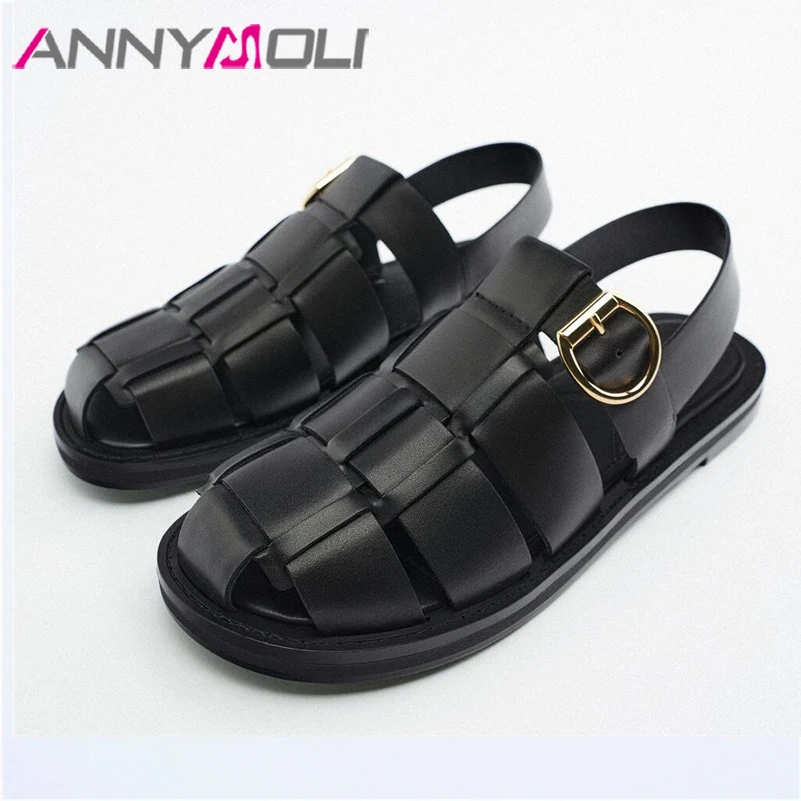 ANNYMOLI Women Shoes Genuine Leather Gladiator Sandals  Round Toe Flats Buckle Female Footwear 2022 Summer Black Big Size 43