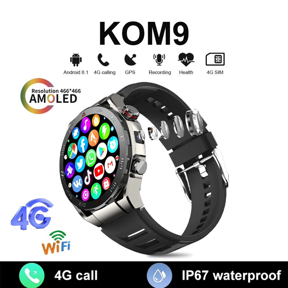 KOM9 4G Network Smart Watch Men GPS Waterproof Camera 4GB 64GB Sport Fitness Android Smartwatch Phone 1.43inch HD Round Display