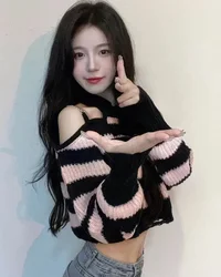 Chains Off Shoulder Pullovers Hollow Out Sweaters Pink Black Striped Knitted Crop Tops Y2k Long Sleeve High Waist Women Korean