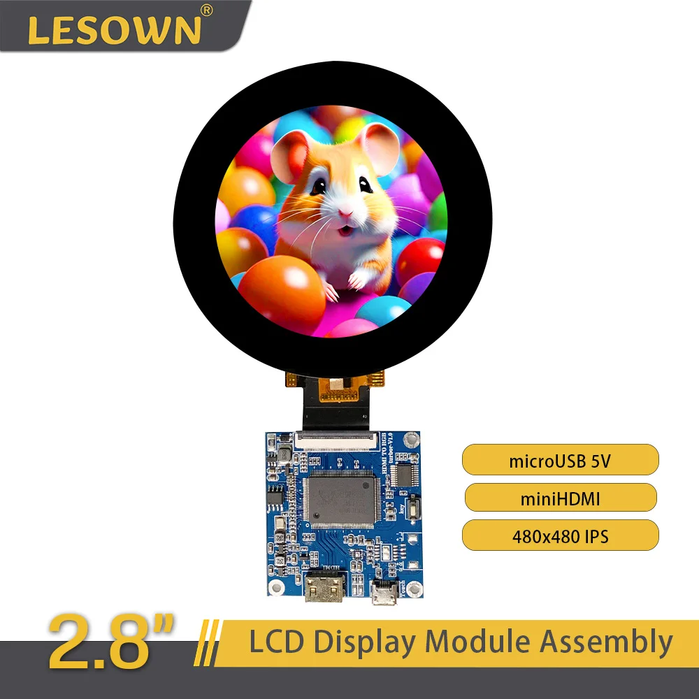 LESOWN Orbicular Tiny Screen Display 2.8 inch 480x480 Resolution Capacitive Touch HDMI USB Powered SPI3W-RGB 40PIN Module