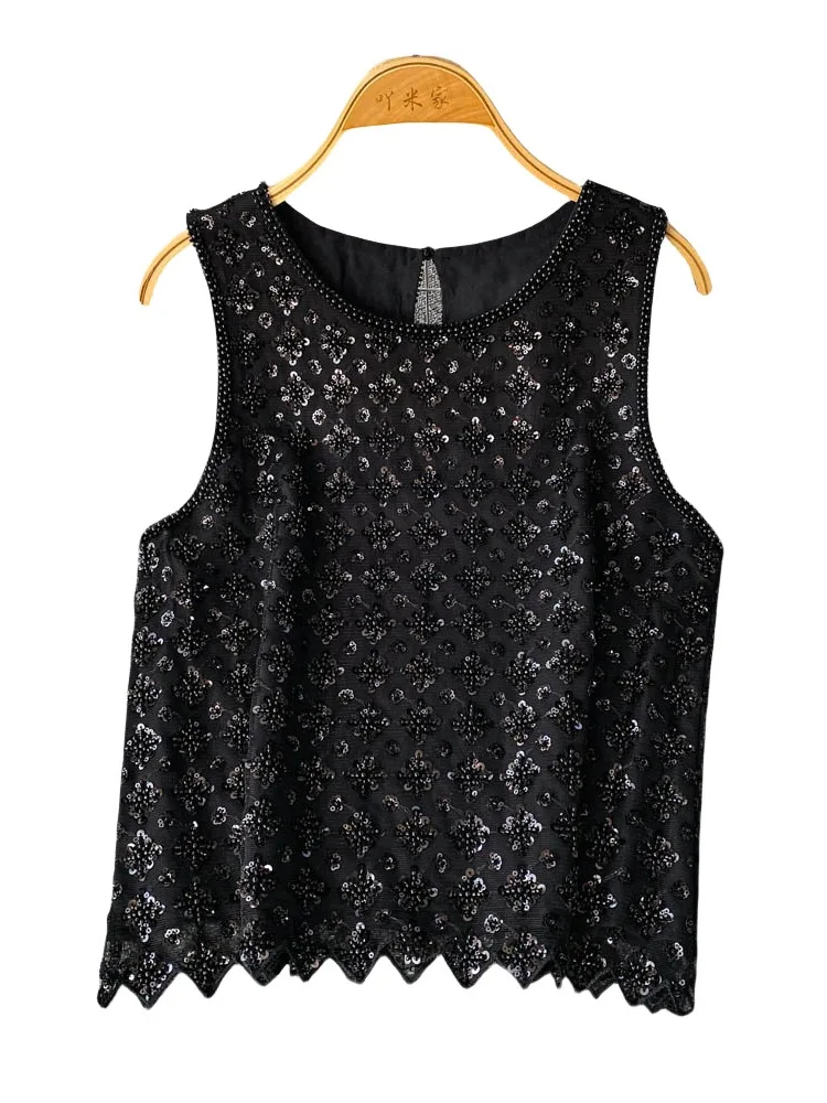 

Heavy Embellied Sequin Design Svel round Ne Vest Women's Summer New Faion Age-defng Outerwear Top