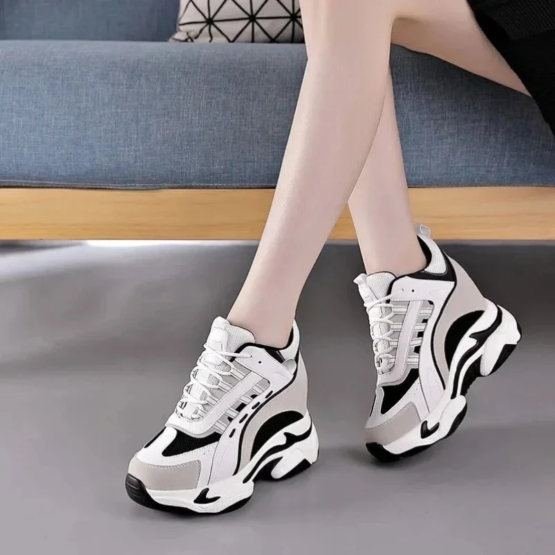 

2025 9cm Platform Wedge Sneakers Chunky Shoes 9cm Hidden Heel Fashion Genuine Leather Comfy Breathable Vulcanized Shoes