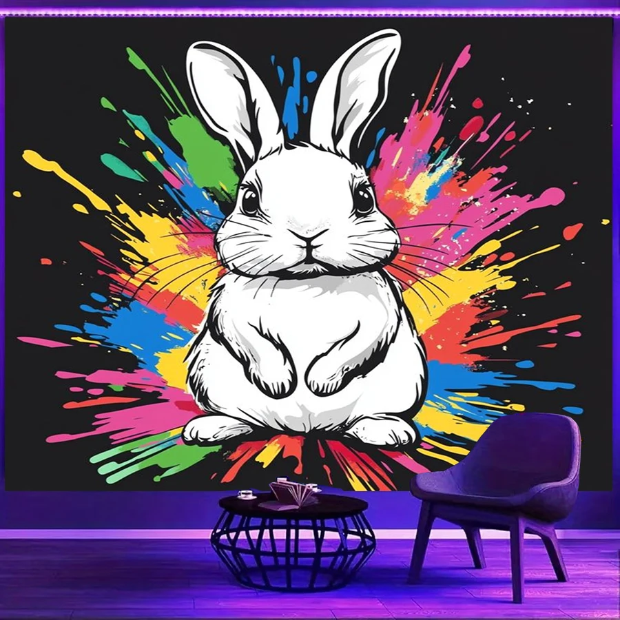 1PC White Rabbit Colorful Art Print Backdrop Banner, Bedroom Living Room Photo Background, Polyester, Home Decor, Wall Art