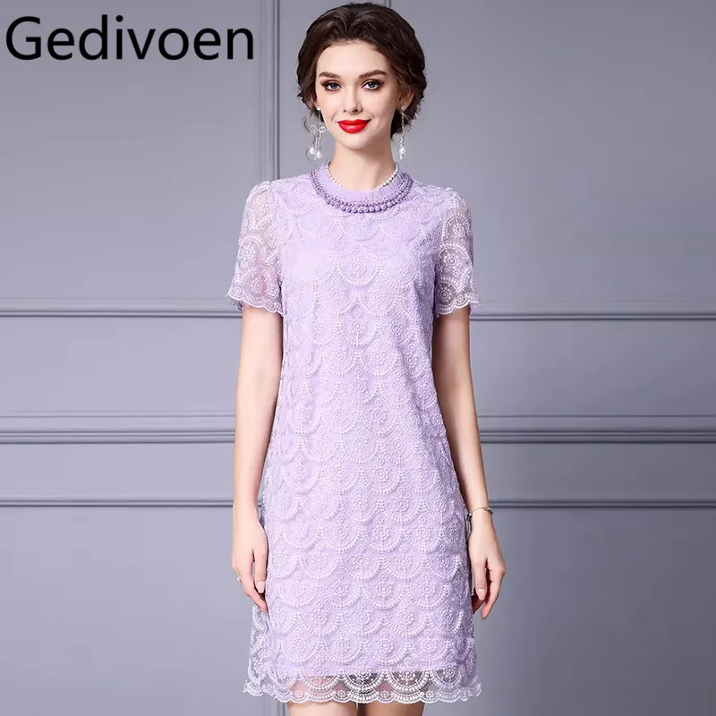 

Gedivoen Fashion Design Summer Women's Streetwear Dress Short-Sleeved Beading Lace Lilac Colour Loose Waist Dresses