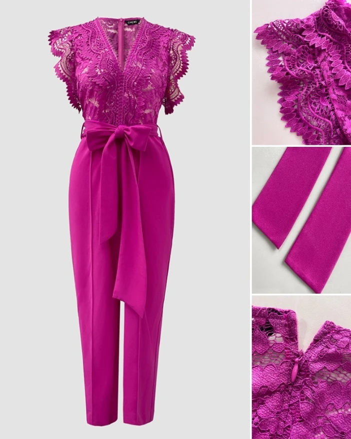 V Neck Scallop Trim Sleeve Lace Patchwork Bow Tie Waist Jumpsuit Casual Seam Front Zipper Back Wide Leg Jumpsuit